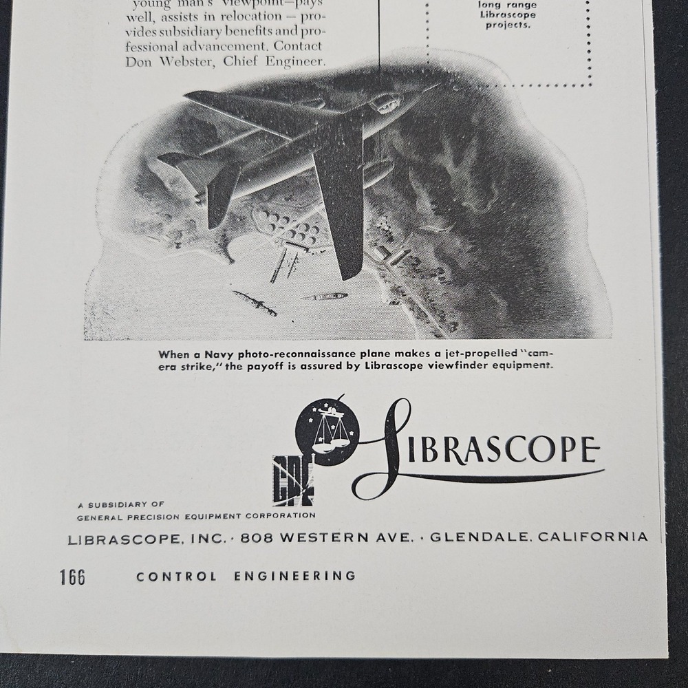 1956 Librascope Systems Engineers Job Opportunities Vintage Print Ad Airplane